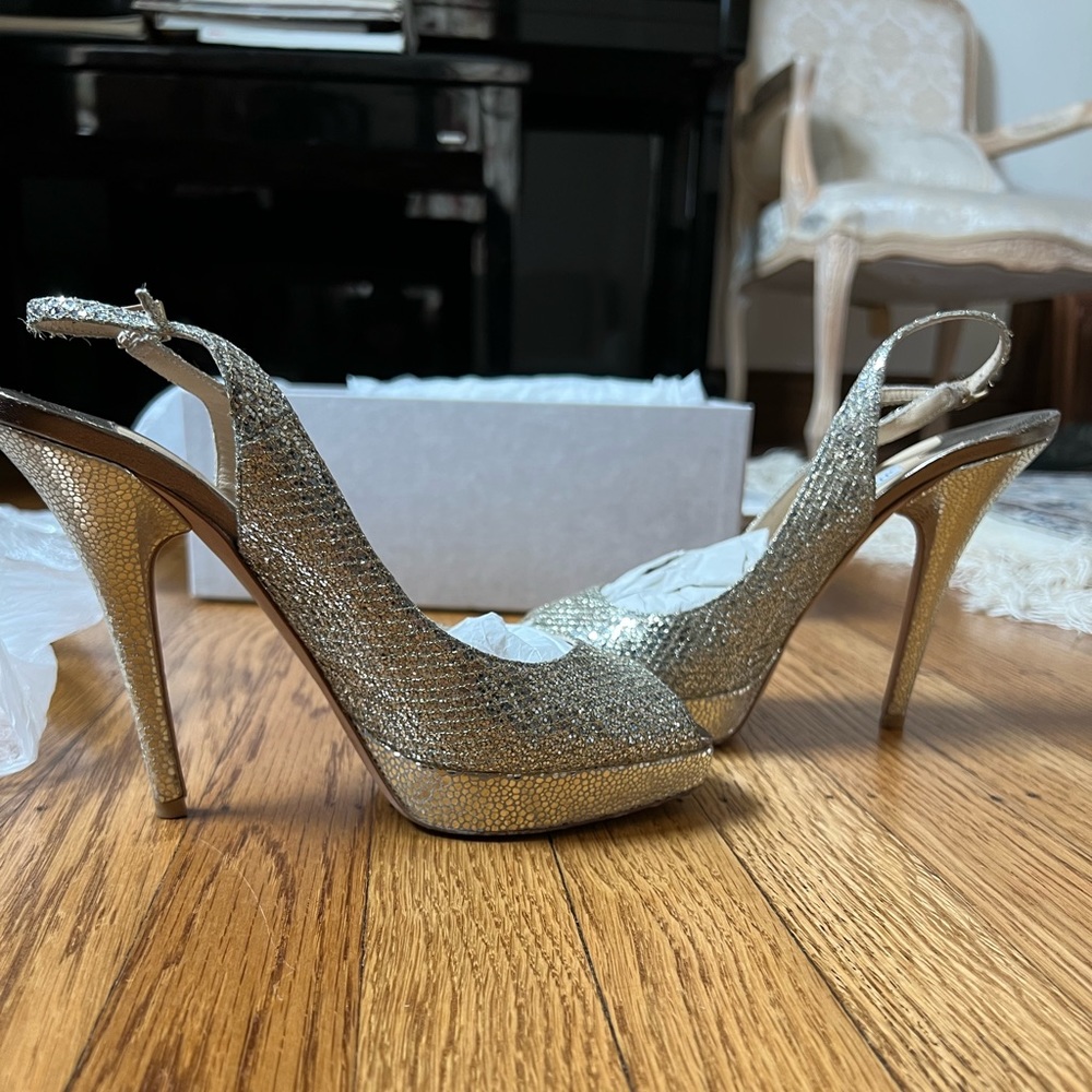 Jimmy Choo ‘Clue’ Peep-toe, Champagne Heels Slingback Stiletto Sz 36.5
